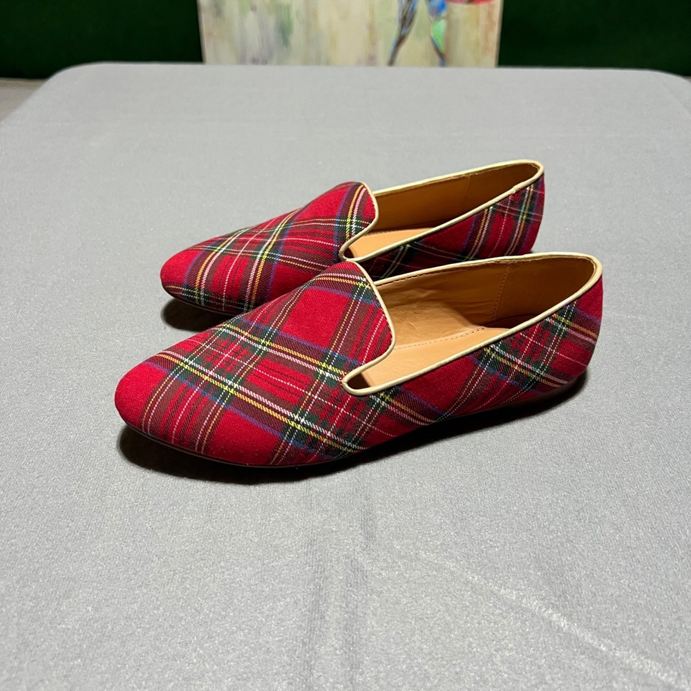 J.Crew Red Tartan Plaid Smoking Loafers BL568 Size 8.5 Holiday Flats
